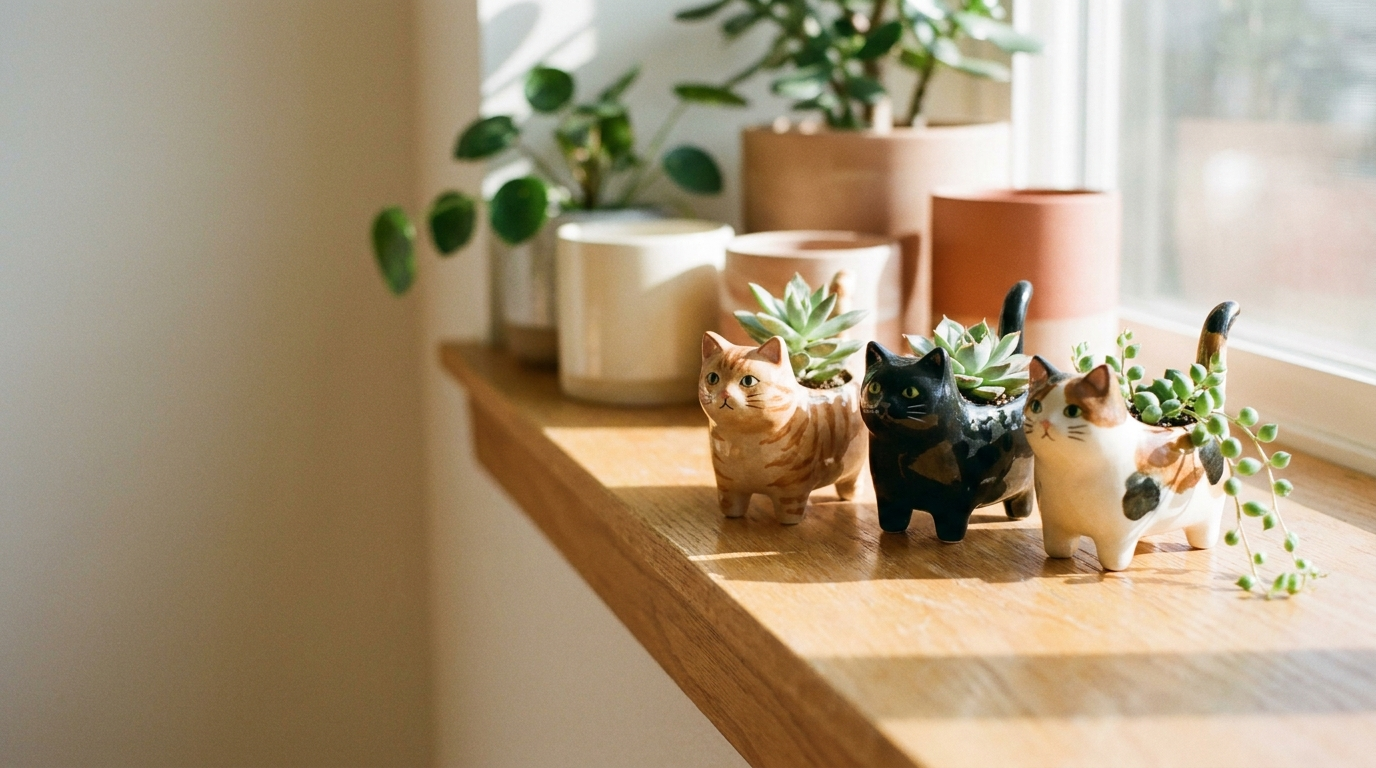 Cat plant pots on a sunlit windowsill